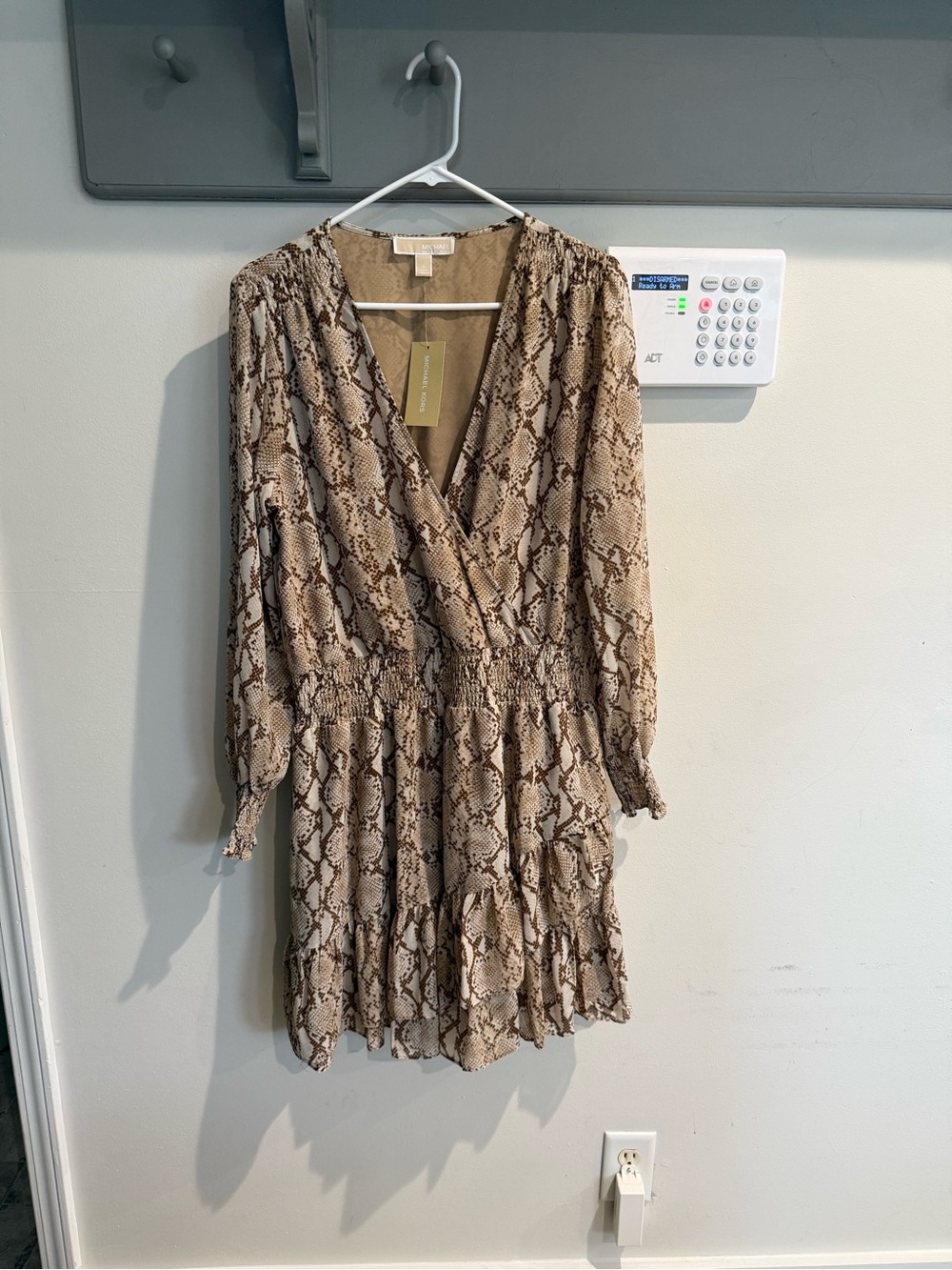 Brand new Michael Kors Beige Snake-Print Tiered Long Sleeve Dress